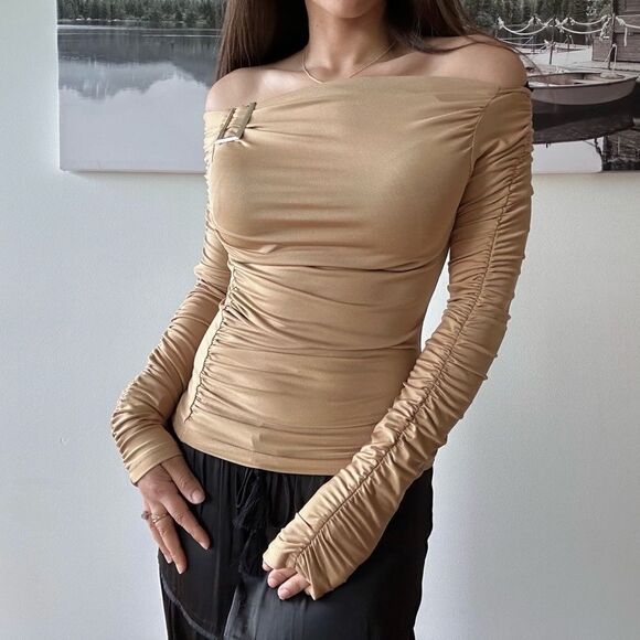 ANNEX Deadstock gold rushed off shoulder 90s spandex top - Picture 1 of 8